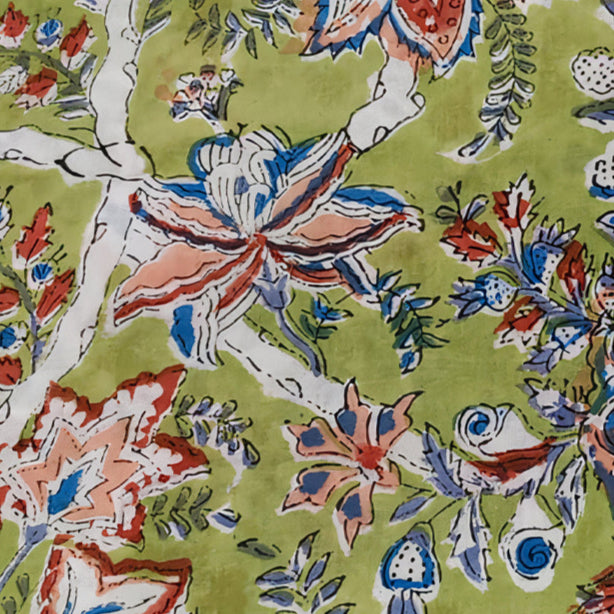Underwater Floral Sanganneri Handblock Print on Soft Olive Base