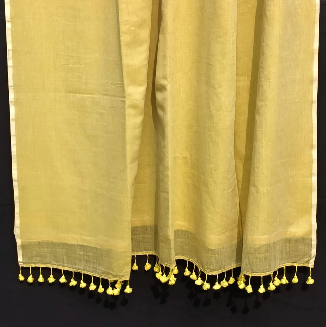 Yellow Plain Cotton Mulmul Saree