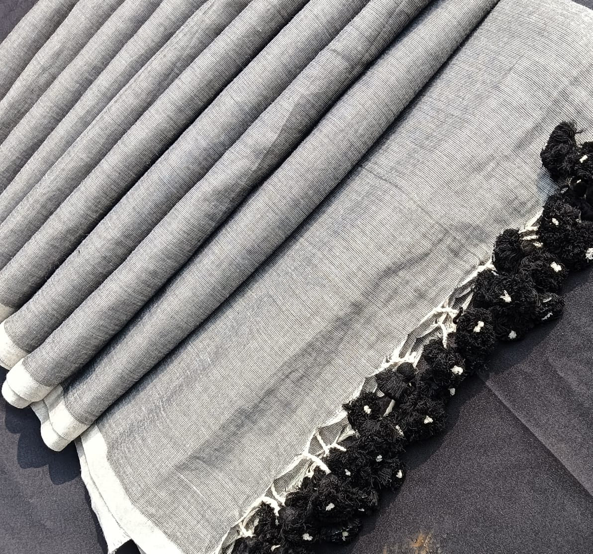 Grey Plain Cotton Mulmul Saree