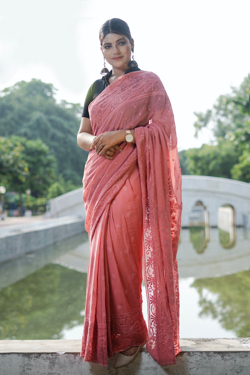 Shwet "Pastle Hues" Smokey  Red Chikankari Georget  Saree