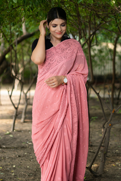 Shwet "Pastle Hues" Smokey  Red Chikankari Georget  Saree