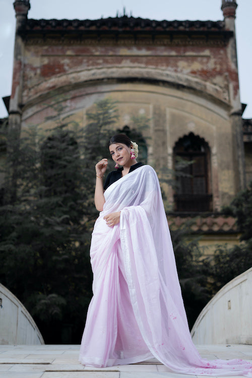 Shwet "Pastle Hues" Pink Chikankari Mul Cotton Saree