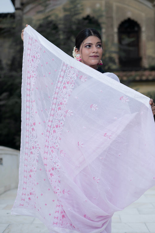 Shwet "Pastle Hues" Pink Chikankari Mul Cotton Saree