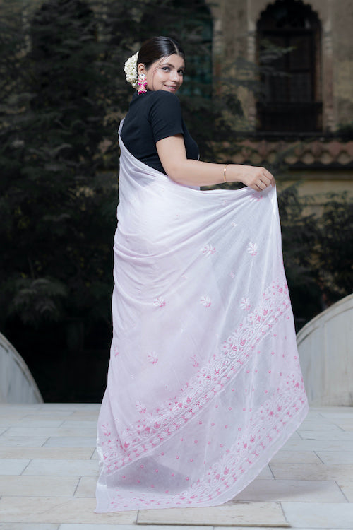 Shwet "Pastle Hues" Pink Chikankari Mul Cotton Saree