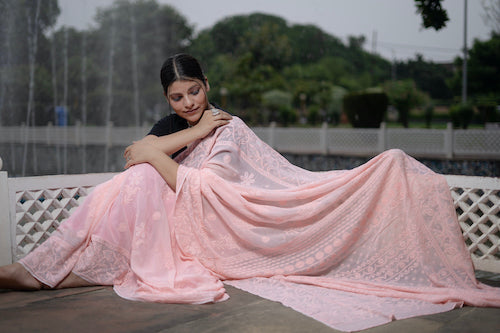 Shwet "Pastle Hues"  Peach Chikankari Georget  Saree