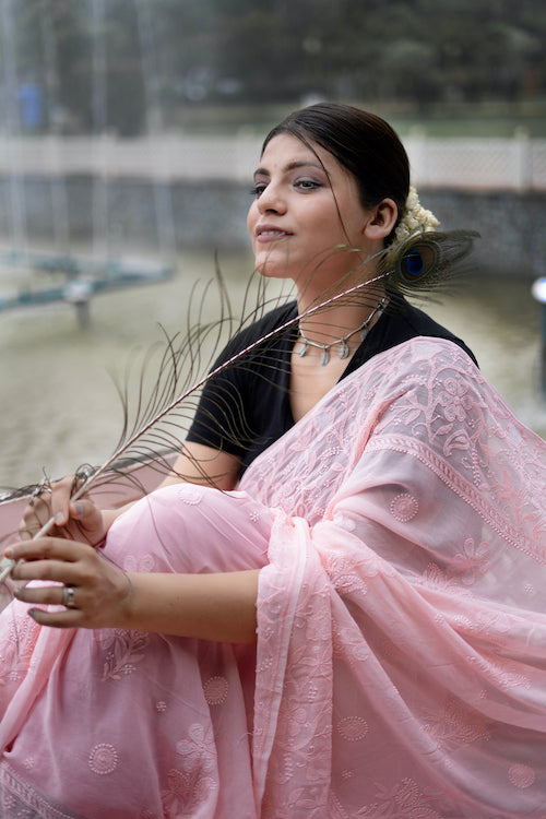 Shwet "Pastle Hues"  Peach Chikankari Georget  Saree