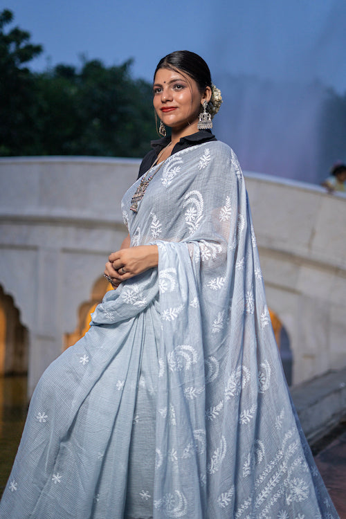 Grey Chikankari Kota Cotton Saree