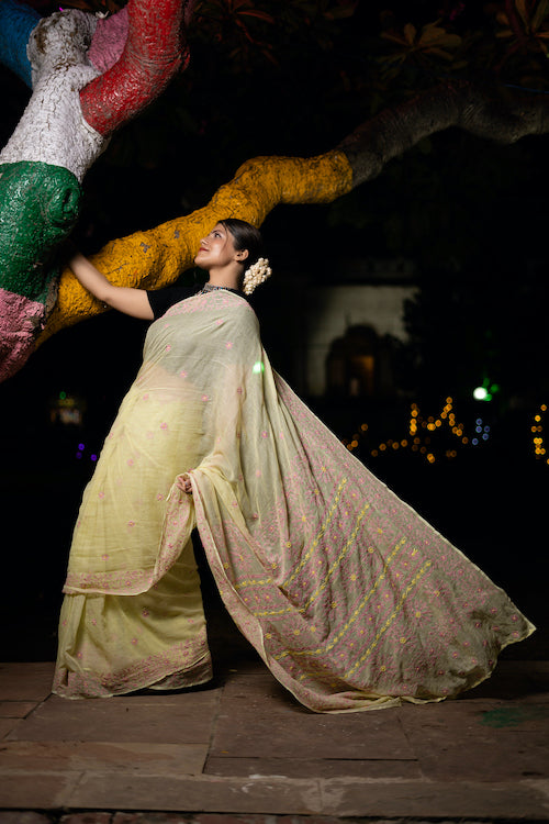 Shwet "Pastle Hues"  Yellow  Chikankari Kota Cotton Saree