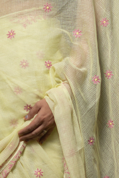 Shwet "Pastle Hues"  Yellow  Chikankari Kota Cotton Saree