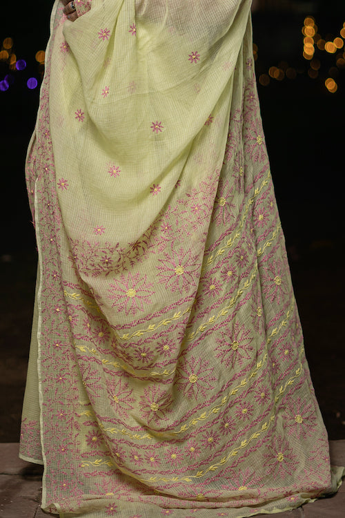 Shwet "Pastle Hues"  Yellow  Chikankari Kota Cotton Saree