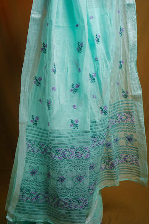 Shwet "Pastle Hues" Cyan Blue Chikankari Mul Cotton Saree