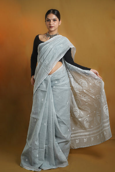 Grey Chikankari Kota Cotton Saree