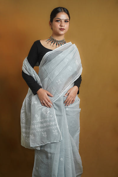 Grey Chikankari Kota Cotton Saree