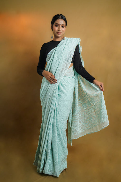 Shwet "Pastle Hues" Cyan Blue Chikankari Georgette Saree