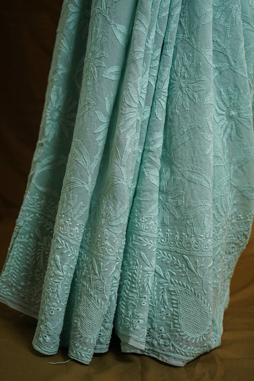 Shwet "Pastle Hues" Cyan Blue Chikankari Georgette Saree