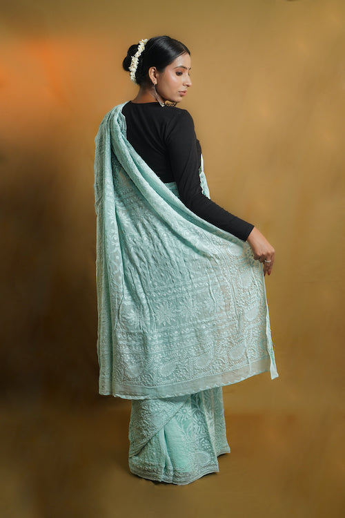 Shwet "Pastle Hues" Cyan Blue Chikankari Georgette Saree