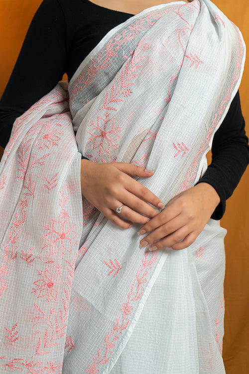 Shwet "Pastle Hues" Teal green Chikankari Kota Cotton Saree