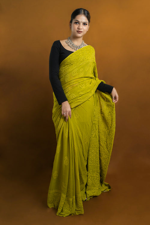 Shwet "Pastle Hues" Green Chikankari Georget  Saree