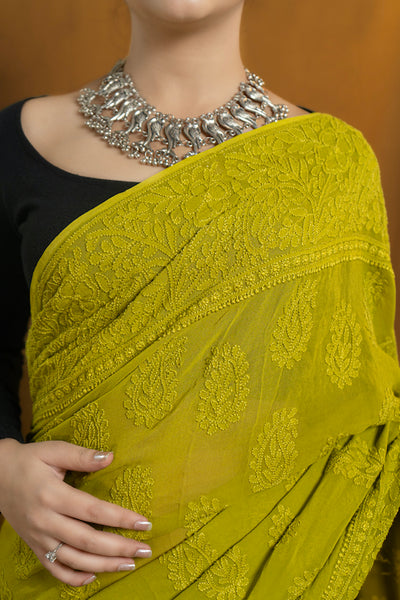 Shwet "Pastle Hues" Green Chikankari Georget  Saree