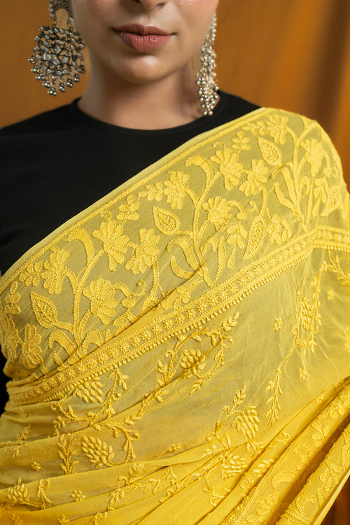 Shwet "Pastle Hues" Yellow Chikankari Georgette Saree