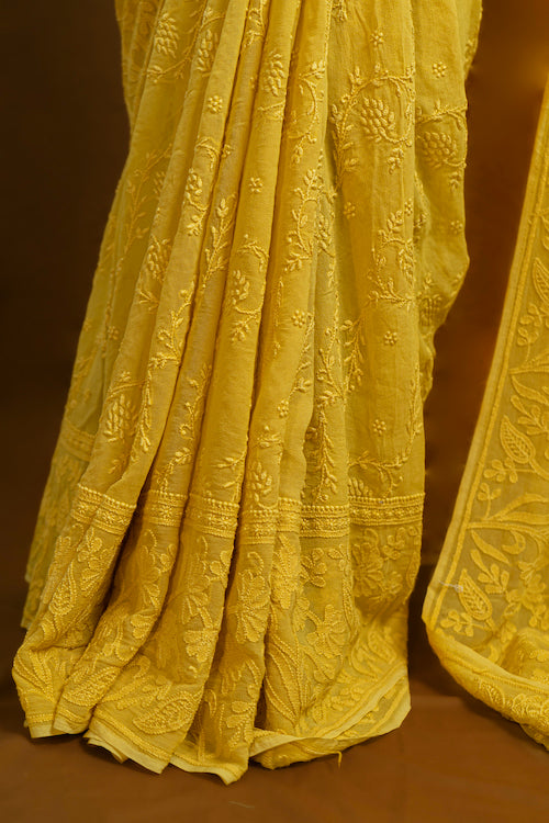 Shwet "Pastle Hues" Yellow Chikankari Georgette Saree