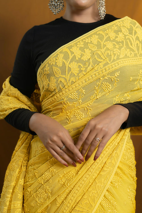 Shwet "Pastle Hues" Yellow Chikankari Georgette Saree