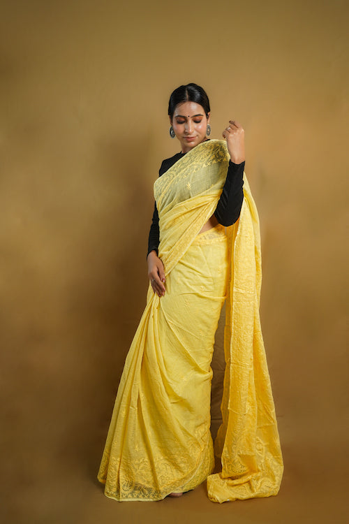 Shwet "Pastle Hues" Yellow Chikankari Kota Cotton Saree