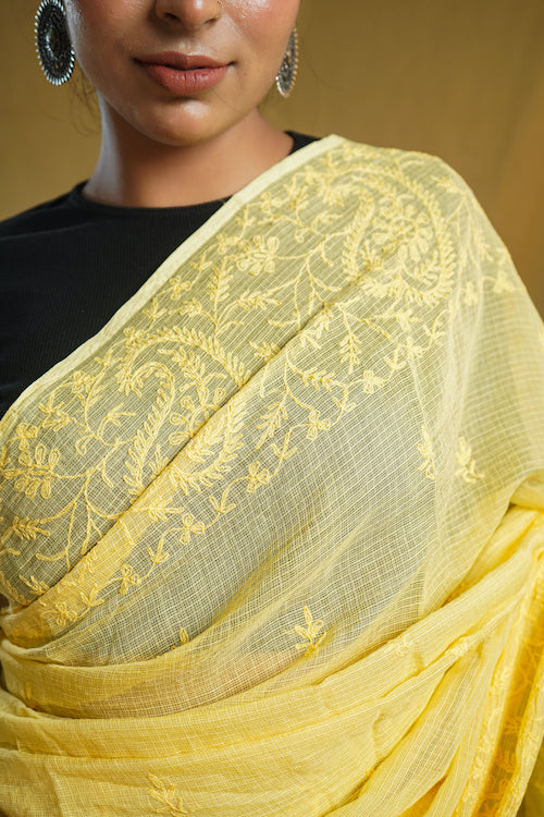 Shwet "Pastle Hues" Yellow Chikankari Kota Cotton Saree