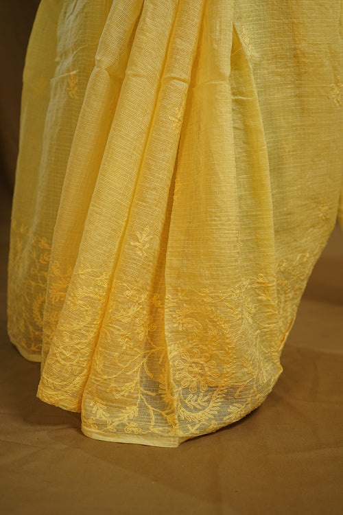 Shwet "Pastle Hues" Yellow Chikankari Kota Cotton Saree