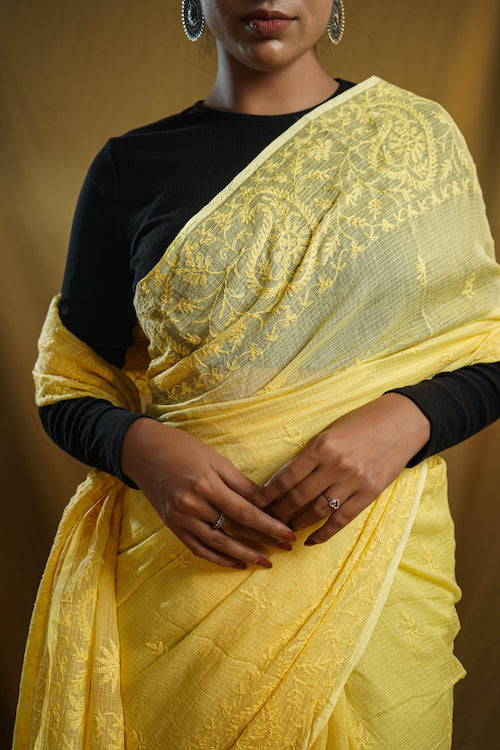 Shwet "Pastle Hues" Yellow Chikankari Kota Cotton Saree