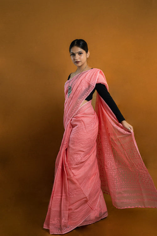 Shwet "Pastle Hues" Pink Chikankari Kota Cotton Saree