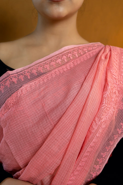 Shwet "Pastle Hues" Pink Chikankari Kota Cotton Saree