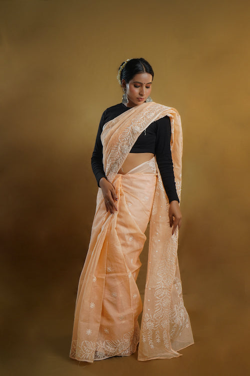 Shwet "Pastle Hues" Peach Chikankari Kota Cotton Saree