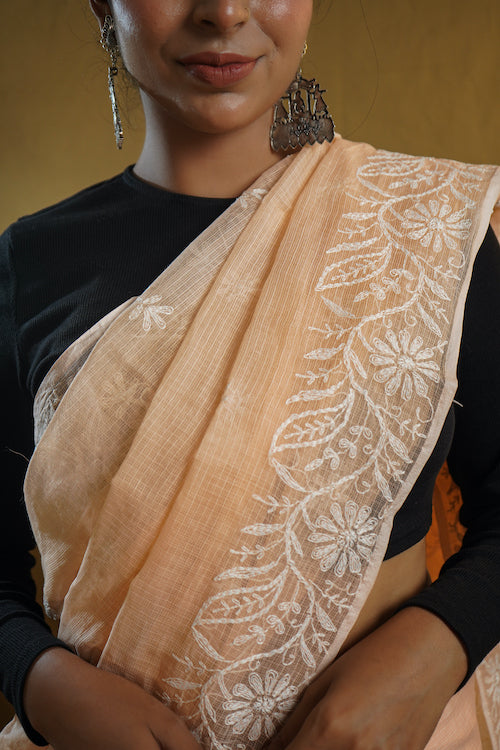 Shwet "Pastle Hues" Peach Chikankari Kota Cotton Saree