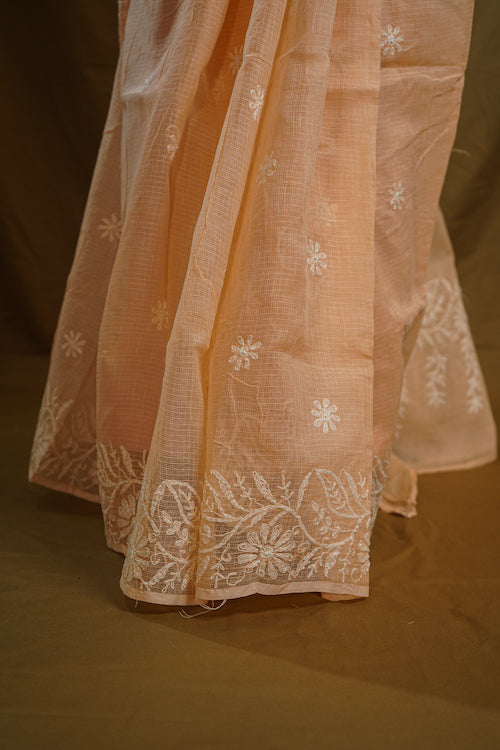 Shwet "Pastle Hues" Peach Chikankari Kota Cotton Saree