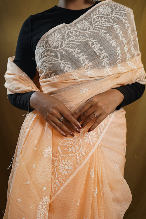 Shwet "Pastle Hues" Peach Chikankari Kota Cotton Saree