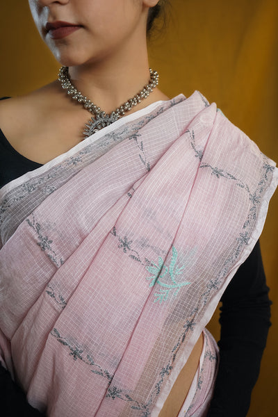 Pastel Pink Chikankari Kota Cotton Saree