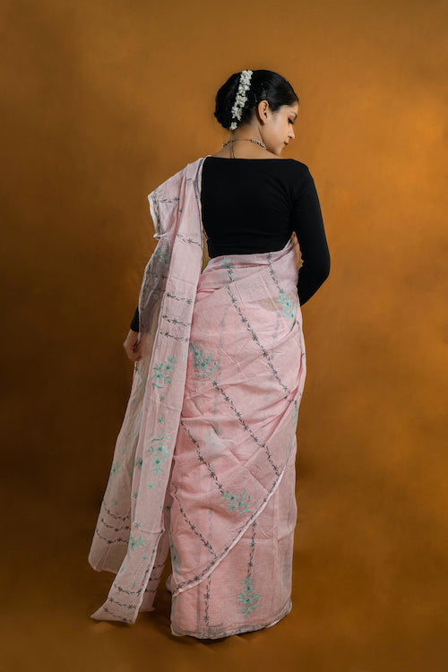 Pastel Pink Chikankari Kota Cotton Saree