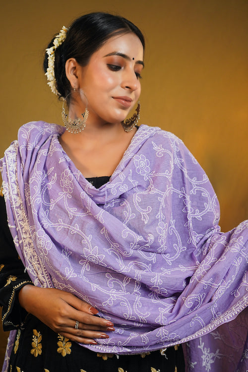 Shwet "Pastle Hues" Purple  Cotton Chikankari Dupatta