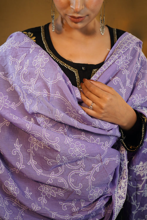 Shwet "Pastle Hues" Purple  Cotton Chikankari Dupatta