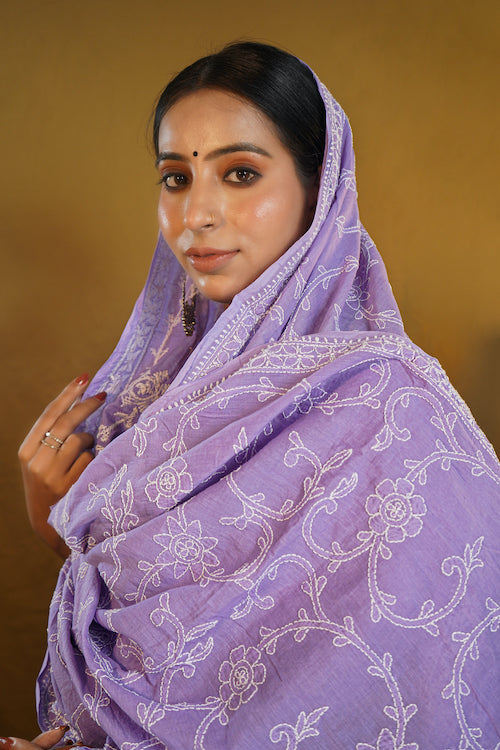 Shwet "Pastle Hues" Purple  Cotton Chikankari Dupatta