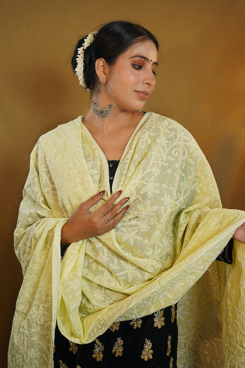 Shwet "Pastle Hues"  Yellow  Cotton Chikankari Dupatta