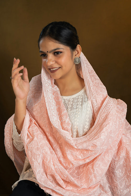 Shwet "Pastle Hues" Peach  Cotton Chikankari Dupatta