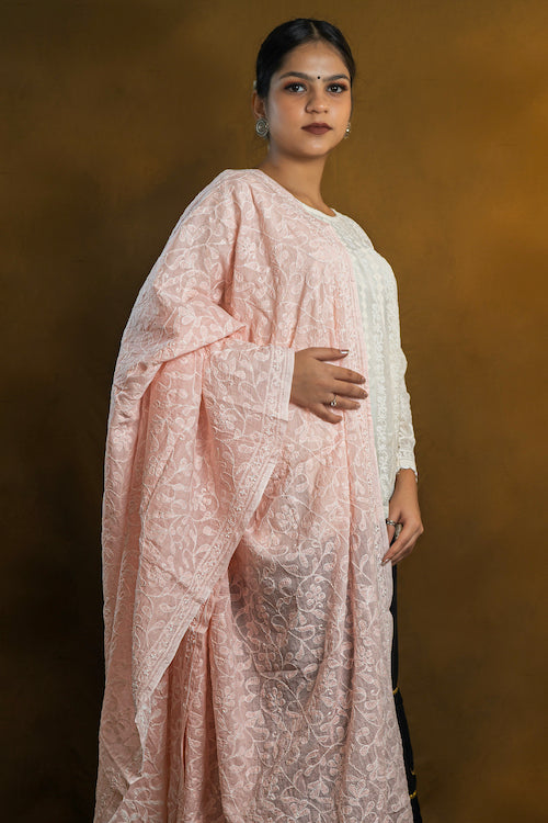 Shwet "Pastle Hues" Peach  Cotton Chikankari Dupatta