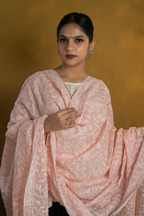 Shwet "Pastle Hues" Peach  Cotton Chikankari Dupatta