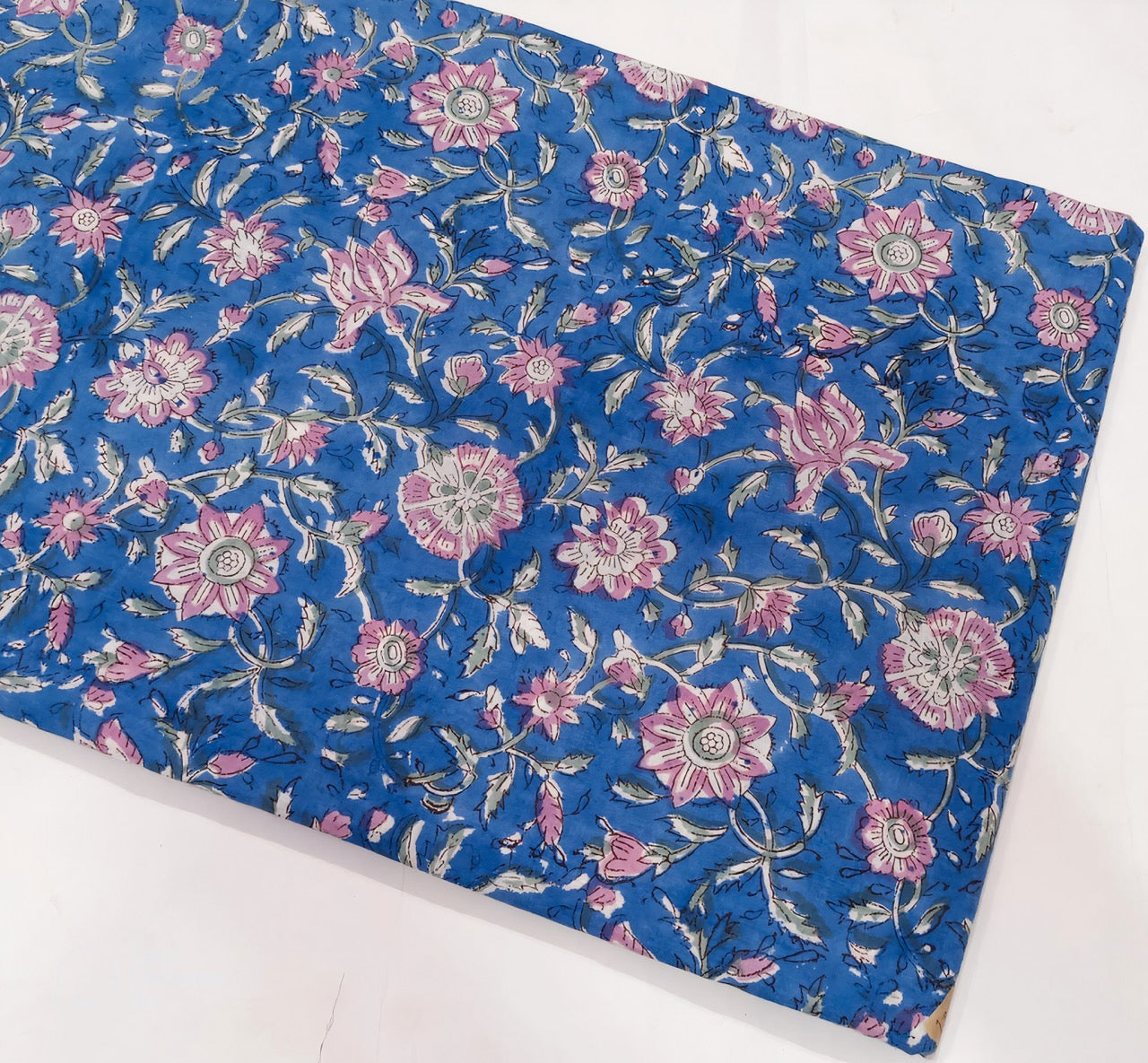 Sky Blue Floral Handblock Print with Pink Accents