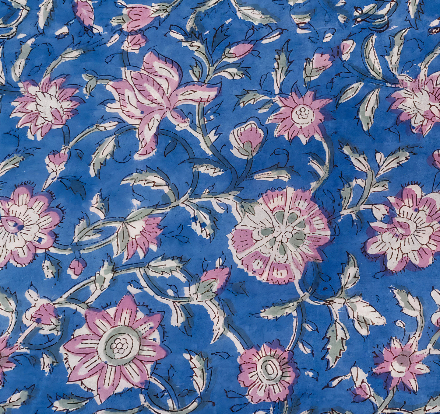 Sky Blue Floral Handblock Print with Pink Accents