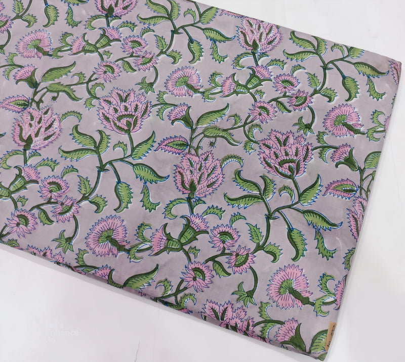 Soft Grey Base Sanganneri Handblock Print with Pink Flowers