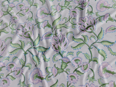 Soft Grey Base Sanganneri Handblock Print with Pink Flowers
