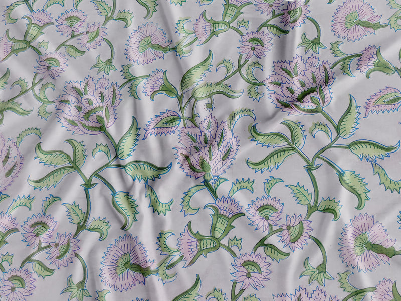 Soft Grey Base Sanganneri Handblock Print with Pink Flowers